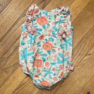 Ruffle Butts Floral Romper with Orange and Teal